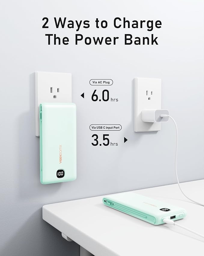 VEEKTOMX 10000mAh Portable Charger with Built-in Cables & Wall Plug | Fast Charging Slim USB-C Power Bank for iPhone, Samsung, iPad | 5 Outputs, Charges 4 Devices, ETL Certified, Cyan - Image 5
