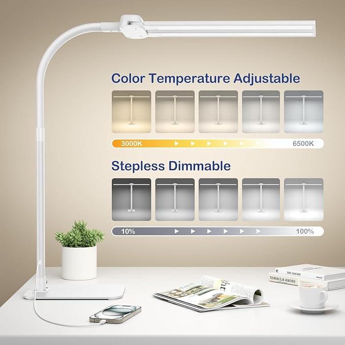 24W LED Desk Lamp for Home Office, 1500lm Dual Head Task Light with Remote | Tall Architect Lamps for Reading, USB Charging Port, Eye Caring, Dimmable 5 Color Modes, Adjustable Gooseneck, Timer, Base - Image 6