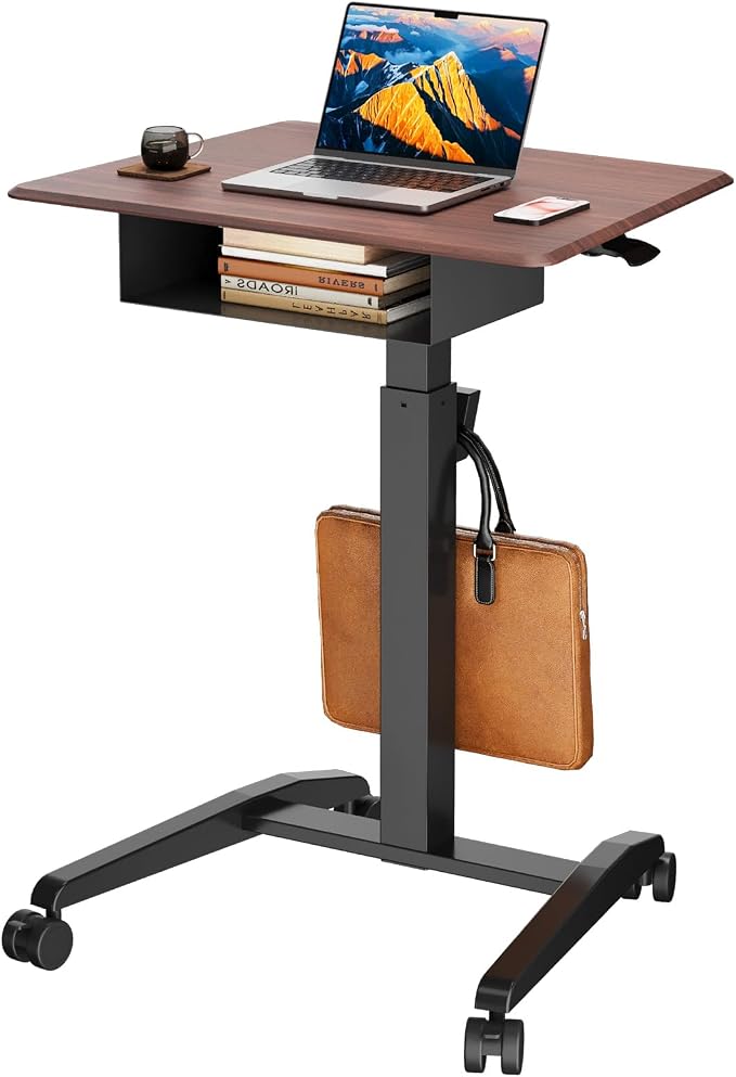 JOY worker 28" Pneumatic Mobile Laptop Desk with Storage Shelf, Dark Walnut | Rolling Standing Desk Height Adjustable with Storage Drawer, 4 Casters, Portable Workstation, Home Office School, Holds 22lbs by JOYworker