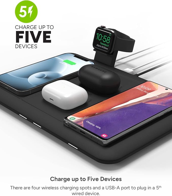 Mophie 4-in-1 Wireless Charging Mat for Apple iPhone, AirPods & Watch, Samsung Galaxy, Google Pixel, and All Qi-Enabled Devices, Additional USB-A Port, Intuitive Design, Includes Apple Watch Stand - Image 2