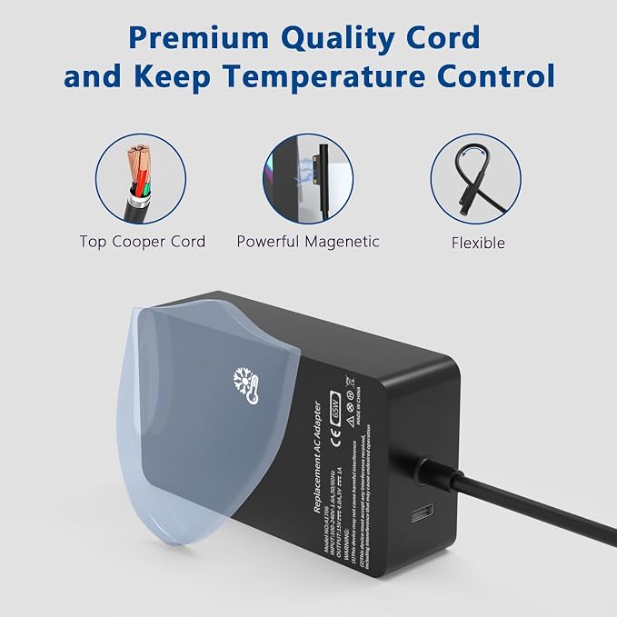 Replacement for Surface Pro Charger 65w | Compatible with Microsoft Surface Pro 11, 10, 9, 8, 7+, 7, 6, 5, 4, 3, X, Surface Laptop 7/6/5/4/3/2/1, Surface Go Book 2/1 - Image 3