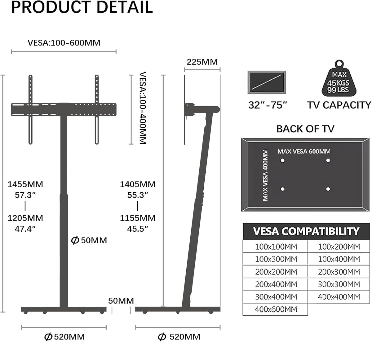 White Rolling TV Stand for 32 to 43 55 65 75 Inch TVs - Image 2