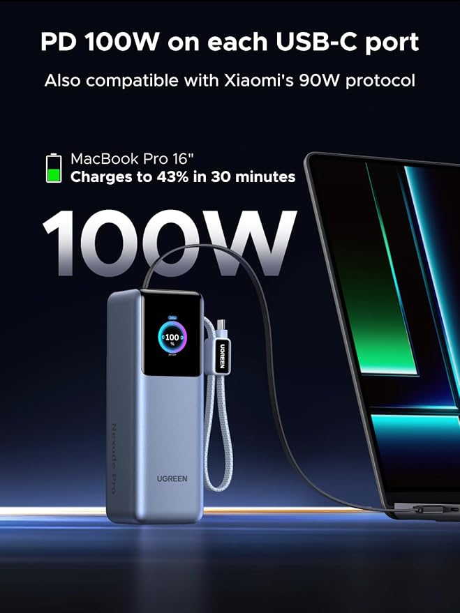 UGREEN Nexode Pro 25000mAh 200W Retractable Cables Power Bank for iPhone | Built-in retractable cables, TFT display, PD 3.1. 90Wh. Fast charges MacBook, Dell, HP, Samsung S26, iPhone 17/16. - Image 3