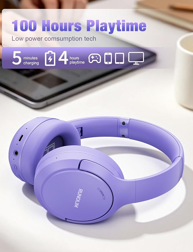 RUNOLIM Hybrid Active Noise Cancelling Headphones, Wireless Over Ear Bluetooth Headphones with Microphone, 100H Playtime, Foldable Headphone with HiFi Audio, Deep Bass for Home Travel Office（Purple） - Image 4