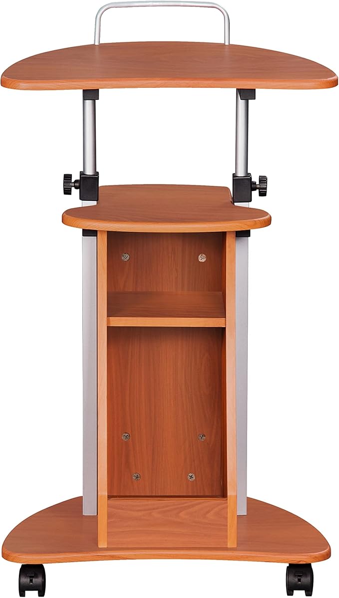 Adjustable Height Laptop Cart With Storage. Color: Woodgrain | Adjustable height rolling laptop cart with storage drawer, open shelf, wheels, sit‑stand design for office or medical use - Image 6