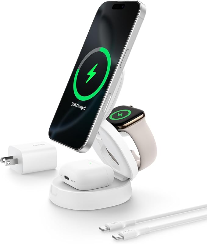 Belkin Qi2 15W Wireless Fast Charging Station, 3 in 1 iPhone Charger | Fast Charging, MagSafe Compatible, iPhone 17/16/15, Apple Watch, AirPods, Travel Charger, Magnetic by Unknown