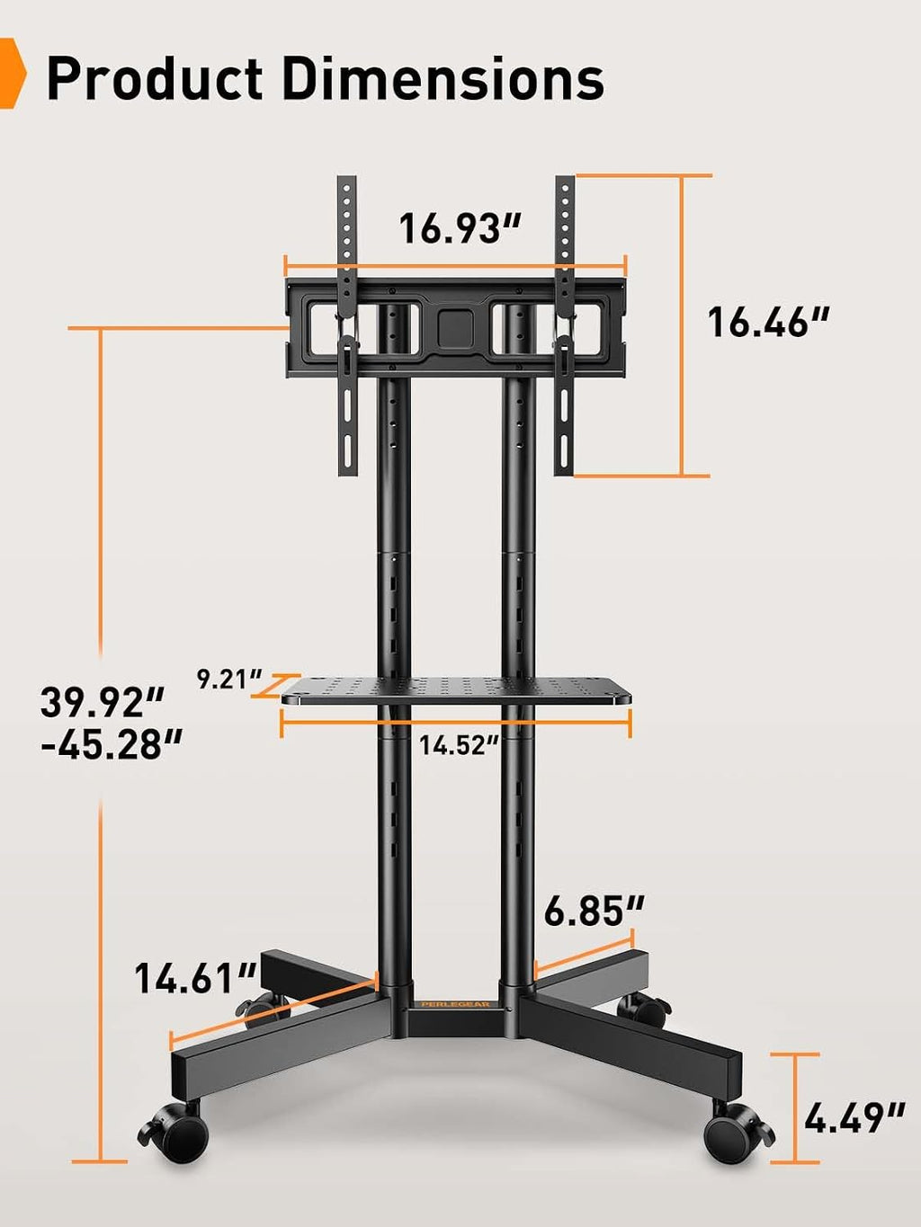 Perlegear Rolling TV Stand, Mobile TV Stand with Wheels for 32-75 inch TVs, Height Adjustable Mobile TV Cart with -15° to +5° Tilt, Rolling Cart for 4K TV Max VESA 400x400mm up to 88lbs, PGTVMC14 - Image 9