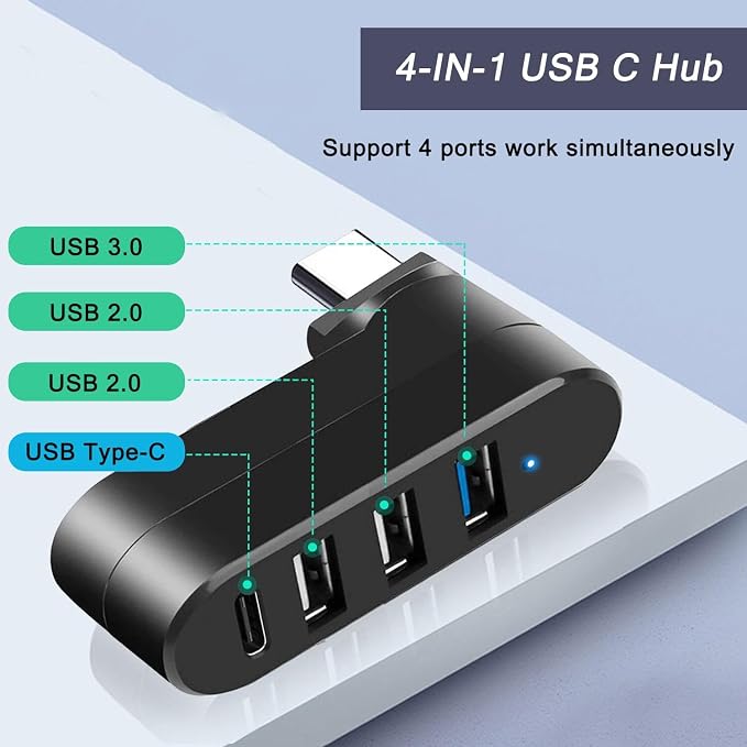 4-Port USB C Hub [90°/180° Degree Rotatable], USB C Adapter Splitter with PD-in 5W Port, USB Extender for MacBook, iMac, Surface, and More C Port Laptop(Not for Car) - Image 2