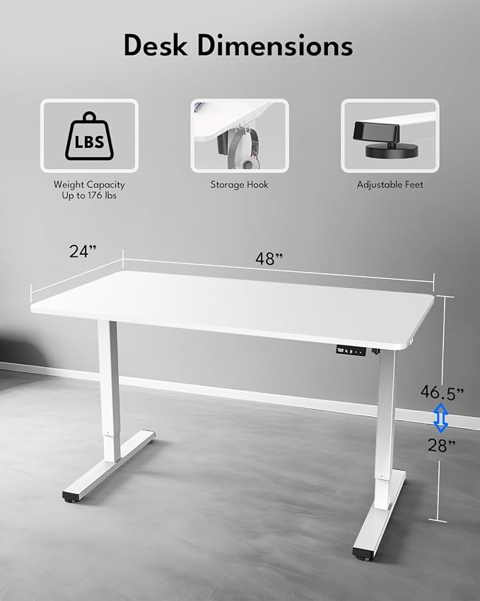 Electric Standing Desk, Gaming Desk, 48 x 24 Inch, White | Height Adjustable Computer Desk with Smart Controller, Sit and Stand Up Table for Home, Office, Work, Study, Writing - Image 2