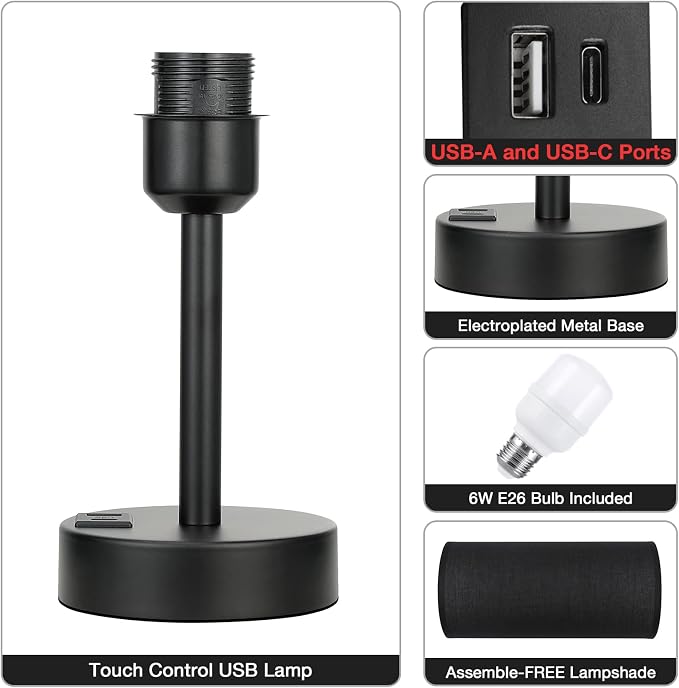 Black Touch Table Lamp for Bedroom - Small Bedside Desk Lamp for Kids | USB A+C Ports, 3-Way Dimmable, LED Bulb Included, Black Fabric Lampshade, Matt Black Metal Base, 14" Night Stand Lamp - Image 6