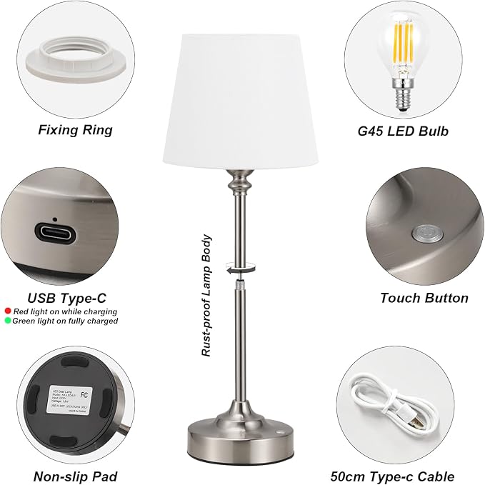 Kakanuo Cordless Table Lamps Rechargeable Set - 2 Pack Silver 4000mAH Battery Operated Lamps for Decor, 3000K Stepless Dimming Touch Wireless Lamp for Bedroom, Dining Table, Living Room, White Shade - Image 6