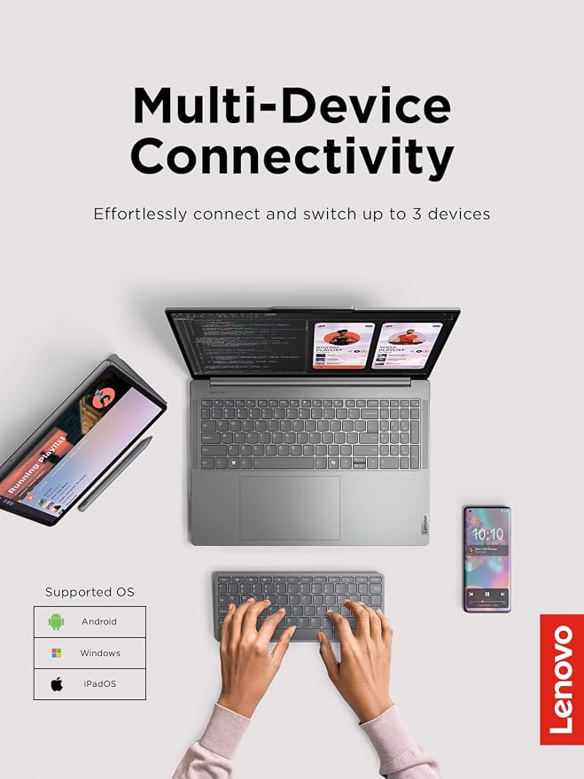 Lenovo Multi-Device Wireless Bluetooth Keyboard, Connect Up to 3 Devices Simultaneously, Compatible with iOS, Android, Windows, Slim Profile, Rechargeable, 60-Hour Battery Life, Iron Grey - Image 2