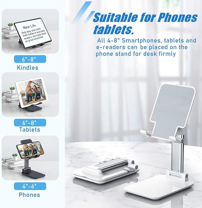 Phone Stand for Desk, Cell Phone Holder Cute Smart Cellphone Stand Foldable Stands Compatible with Under 8" Devices, Office Accessories, White-Pink - Image 3