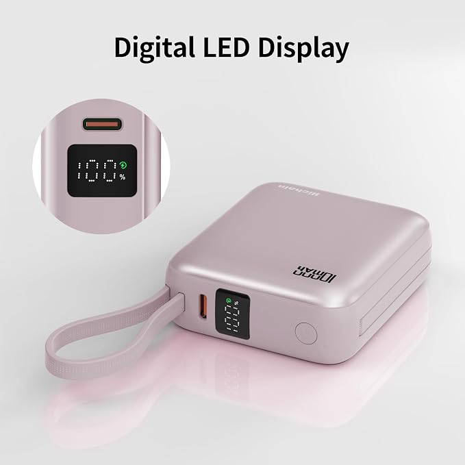 10000mAh Small Portable Charger with Built in Cables LED Display Pink | Mini Power Bank 22.5W USB-C Fast Charging Battery Pack, Travel Essential Power Bank for iPhone, iPad, Samsung, Android - Image 5