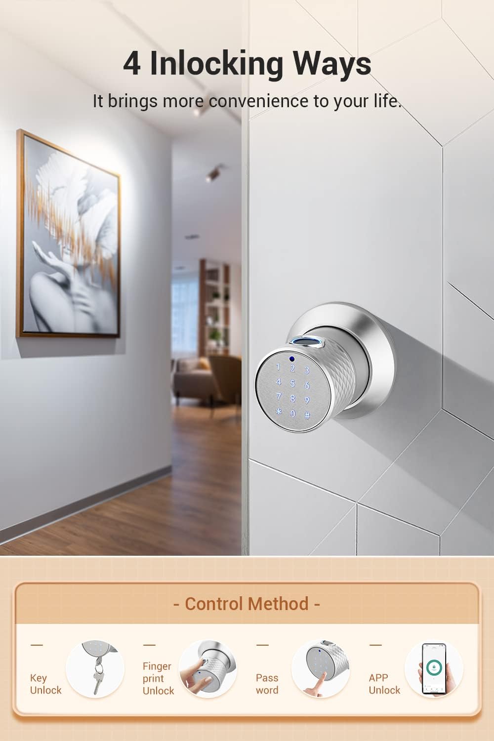 Buoan Big Fingerprint Smart Door Knob, Keyless Entry Door Lock with Keypad - Image 3