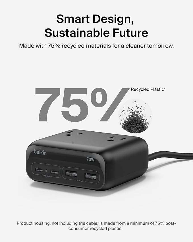 Belkin 70W GaN 7 in 1 Charging Station, 3X AC, 2X USB A, & 2X USB C Ports | Power strip, dual USB-C charger, iPhone 17/16/15, Apple Watch, iPad, MacBook, Samsung Galaxy S26, Pixel 10 - Image 7
