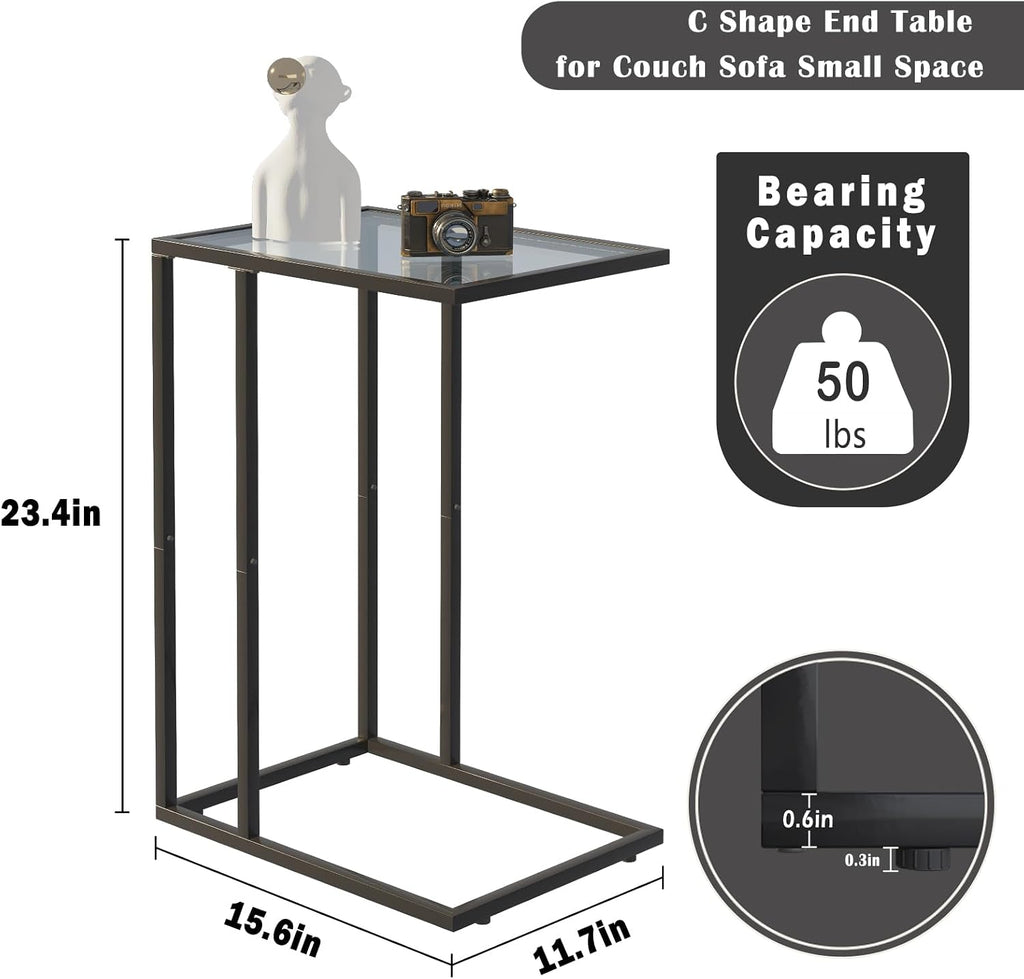 Easy Paws C Shaped End Table Set of 2, Tempered Glass Snack Side Table with Metal Frame, Sofa Couch Side Table, Modern Style, Black - Image 3