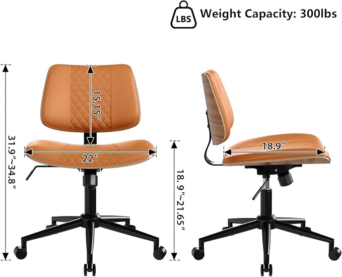 Modern Armless Office Chair with Wheels, Wide Seat Walnut, Brown | Adjustable Swivel Desk Chair with Mid Back & Tilt Function, Faux PU Leather Mid Century Modern Task Office Chair, 300LBS Cap - Image 2