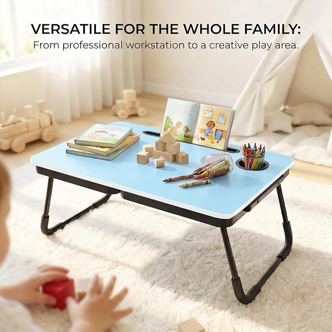 BUYIFY 23.4" Foldable Lap Desk Bed Table with Cup Holder Tray Blue | Portable Folds Flat for Easy Storage, No Assembly Laptop Bed Desk, Sturdy and Lightweight, Patent Design - Image 5