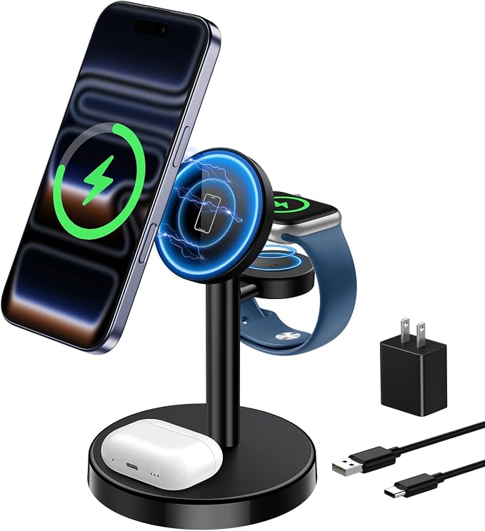 Aeinidi 3 in 1 Fast Wireless Charging Station for Apple, 15W Strong Magnetic Charging Stand Compatible with MagSafe Charger for iPhone 17 16 15 14 13 12 Apple Watch AirPods Series, Adapter Included by Aeinidi