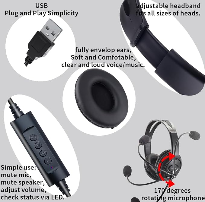 USB Headset with Mic, Computer Wired Headphones with Microphone for PC, Laptop (Black - Full Ear Cups) - Image 3