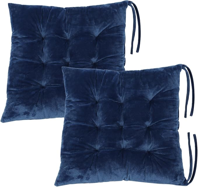 2 Pack Square Seat Cushion Chair Pads for Kitchen Dining Chairs, Soft Comfort Velvet Chair Mat Pillow Cushions with Ties for Office Desk Living Room Tatami 15.5", Blue by MissSoul