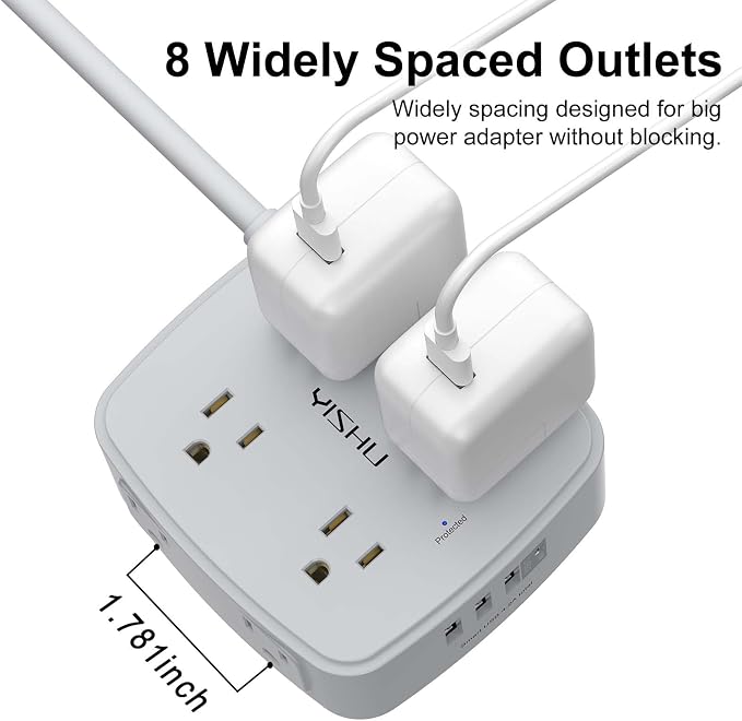 10 Ft Surge Protector Power Strip - 8 Widely Outlets with 4 USB Ports, 3 Side Outlet Extender with 10 Feet Extension Cord, Flat Plug, Wall Mount, Desk USB Charging Station, ETL, Grey - Image 4