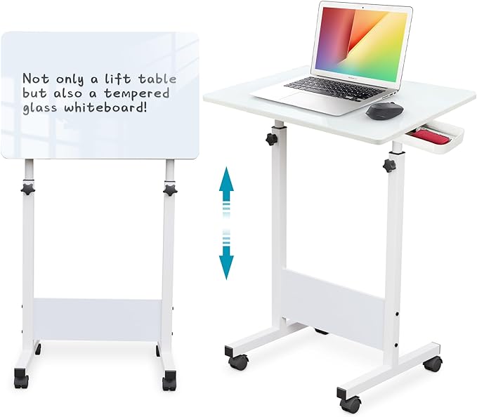 KOUPA 31 Inch Adjustable Height Flip Writable Standing Desk with Wheels | Writable Erasable Tempered Glass Desktop Mobile Desk With Eraser, for Home Office, Small Spaces, White, Height 32inch-47 inch by WelcometoKOUPA