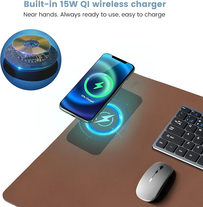 Desk Mat Wireless Charging Mouse Pad Large 32x16 Journey Desk Pad Mat with Wireless Charger Waterproof Leather Computer Mat with Phone Charger Mousepad Non-Slip for Keyboard and Mouse - Image 3