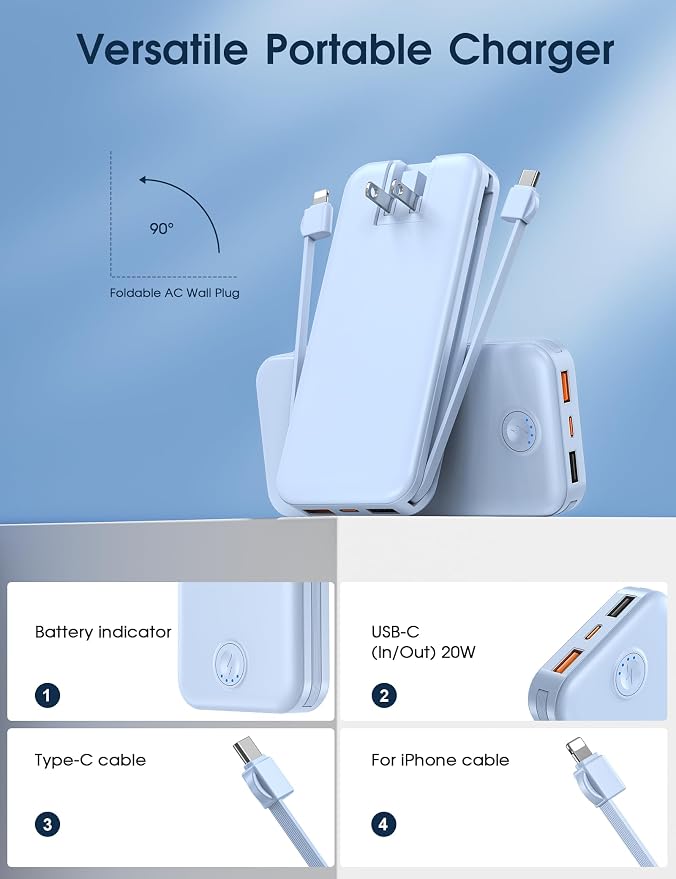 Nusyddy Portable Charger 10000mAh Fast Charging w/Built-in Wall Plug Blue | PD20W Fast Charging, LED Indicator, Pass Through Charging, TSA Approved, Compact/Slim, Power Bank for iPhone/iPad/Samsung - Image 3