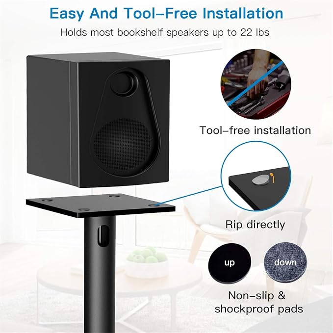 PERLESMITH Universal Floor Speaker Stands for Surround Sound up to 22 lbs | Bookshelf Speaker Stand 27.56‘’, 45° adjustable top plate, tool-free assembly, cable management, rubber isolation pads - Image 4