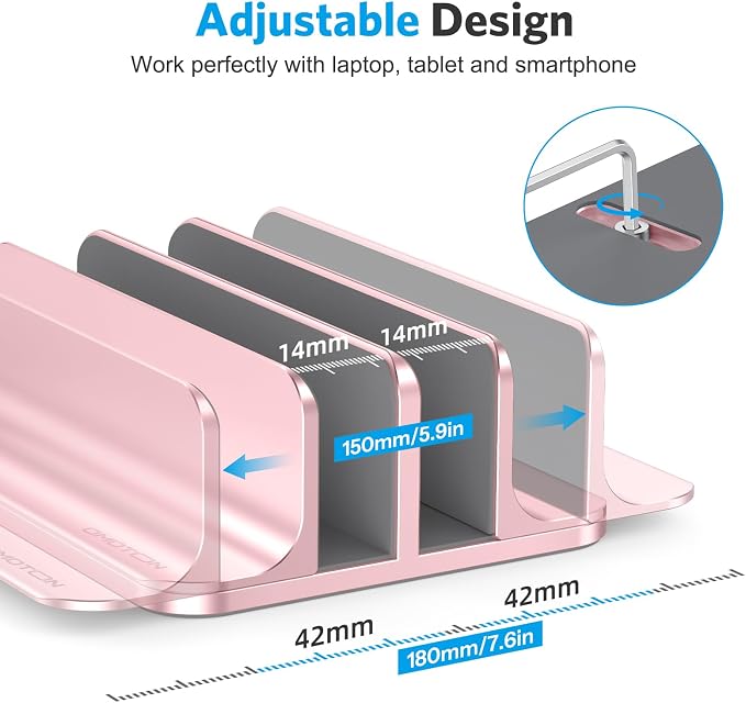 OMOTON Dual Vertical Desk Laptop Stand Holder, Fits MacBook Air, Rose Gold | Aluminum Laptop Storage Rack for Desk, Adjustable Dock for Up to 17.3 in. Gaming Laptop, Space-Saving Desk Organizer - Image 4