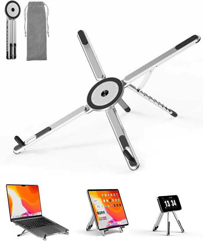 Viozon Portable Laptop Stand for Desk, Foldable Adjustable Computer Riser with Magnetic Phone Holder, Aluminum Laptop Stand for 10–16” Laptops & 4–13” Phones/Tablets (Silver) by viozon