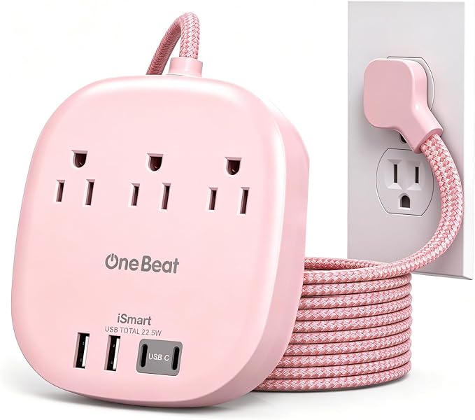 Cruise Ship Travel Essentials, 22.5W/4.5A Flat Plug Power Strip, Pink | 3 Outlets 4 USB Ports (2 USB C),Power Strip No Surge Protection for Cruise Ship, Home Office Dorm Room Travel Essentials by OneBeat