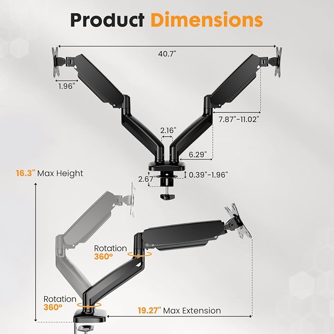 DUMOS 2Pcs Dual Monitor Mount for Desk, Gas Spring Monitor Arm for 2 Monitors Max 32 Inches, Fully Adjustable Double VESA Mount with C-Clamp/Grommet Base, Holds Screen 17.6 lbs - Image 8