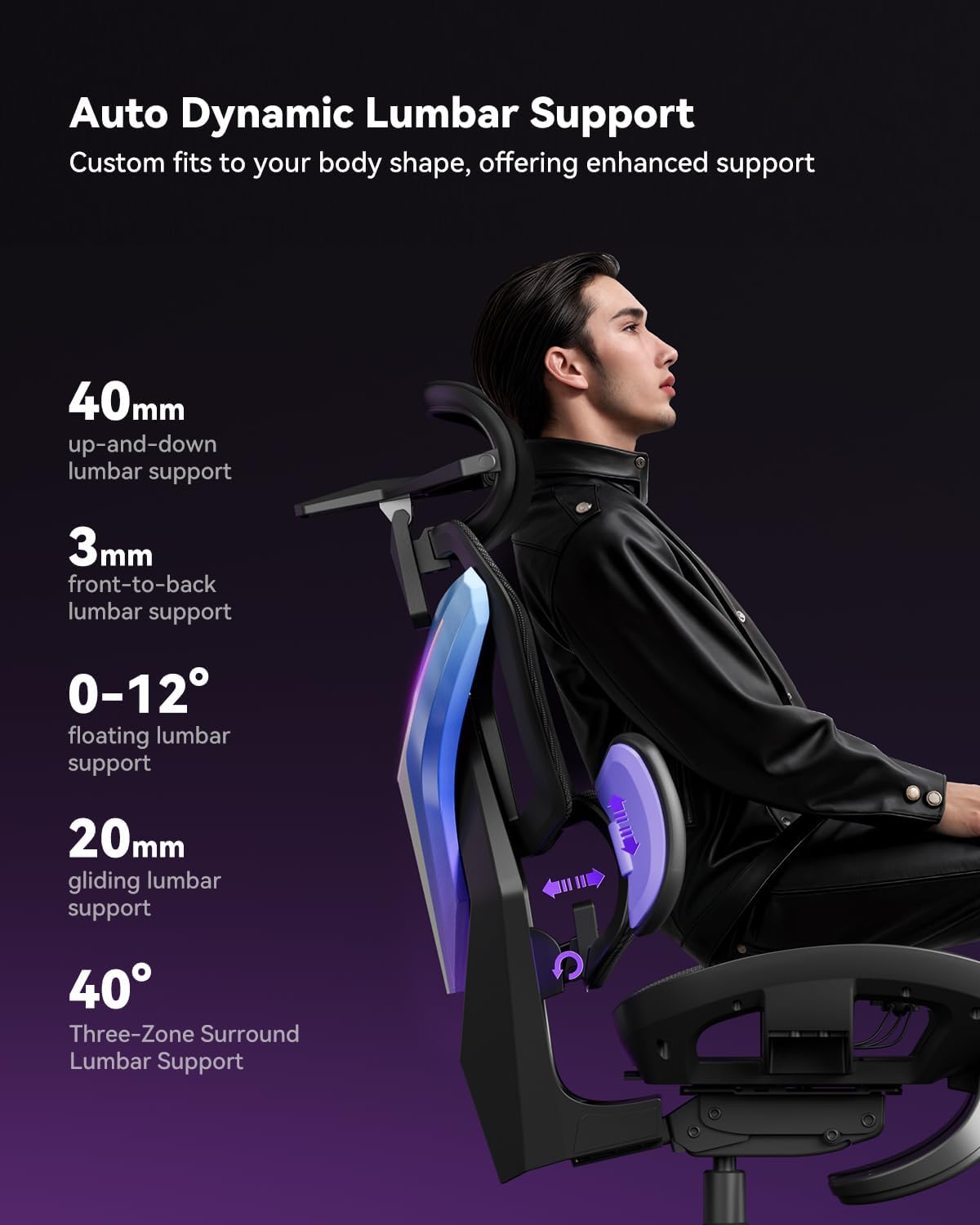 AutoFull G7 Gaming Chair - 3-Zone Lumbar, 22-Point Adjustment, Breathable Mesh, Custom Backplate, 720° Armrests, BIFMA Certified Ergonomic, 140° Recline, IGR Certified, Niko Endorsed - Purple&RGB - Image 4