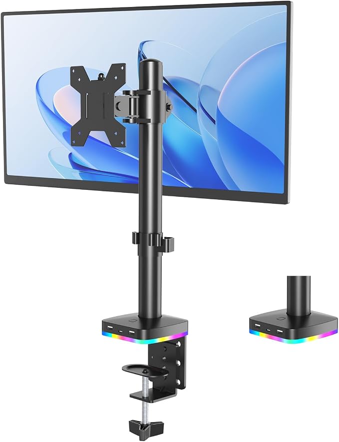Afaloona RGB Monitor Stand with USB Hub for 13-27" Monitors, up to 17.6 lbs | Single monitor mount with 1 USB-C and 2 USB-A ports supports charging and data transfer for gaming desks and workstations by Afaloona