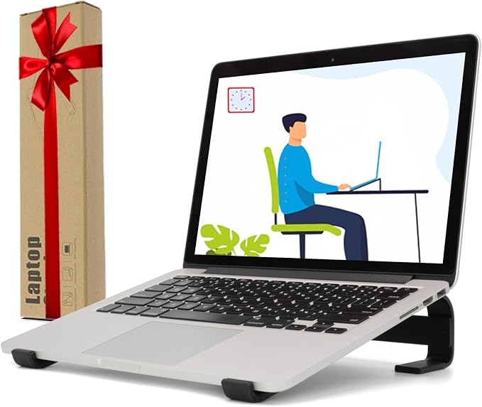 Laptop Stand for Desk, Ventilated Aluminum Laptop Riser, Black | Stable Typing Support, Fixed 17° Angle, 2.5 in Lift, Silicone Pads, Open Airflow, Fits Most 11–16 in Laptops, Tool Included by KYQEE