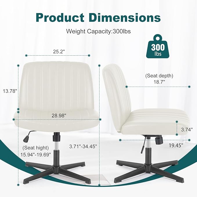 OLIXIS Criss Cross Chair, Vanity Chair, Home Office Desk | Armless No Wheels Wide Seat, Height Adjustable Swivel, Padded PU Leather, Bedroom Student Study, Beige Dual Base - Image 2
