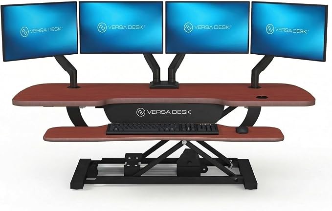 PowerPro 48 Inch Electric Standing Desk Converter – Push-Button Height Adjustable Sit to Stand Desk Riser for Multiple Monitors – Motorized Desktop Workstation with Wide Keyboard Tray by VERSADESK