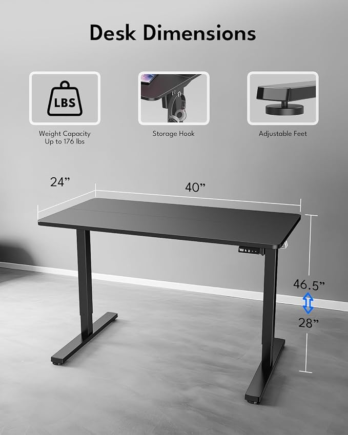 Electric Standing Desk, Gaming Desk, 40 x 24 Inch, Black | Height Adjustable Computer Desk with Smart Controller, Sit and Stand Up Table for Home, Office, Work, Study, Writing - Image 2