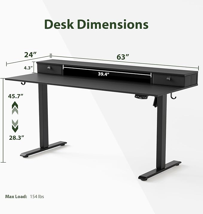 Agilestic 63 * 24 Inch Electric Standing Desk with Drawers, Black | Electric Height Adjustable, 2 Storage Drawer, Monitor Stand, Sturdy Steel Frame, Memory Presets, Hooks, 154 lbs, Splice Board - Image 3