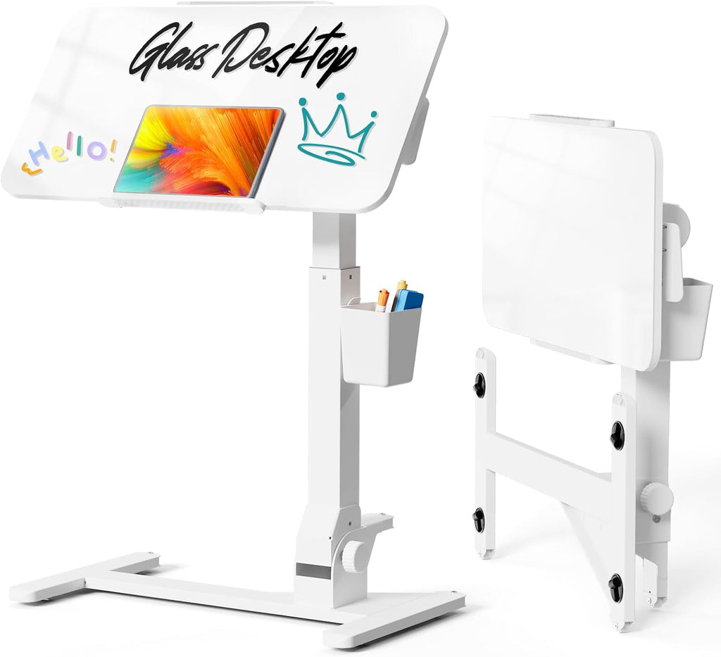 JOY worker Glass Foldable OverBed Table, 180° Tilt Height Adjustable Desk by JOY worker