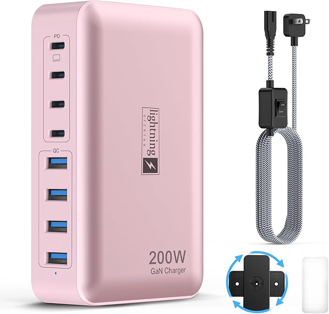 8-Port USB C Fast Charger Block 200W with Flat Plug, Braided Power Cord, and On/Off Switch- USB Charging Hub for iPhone, iPad, MacBook and More- 65W C Port Power Adapter for Laptops by lightningofertas