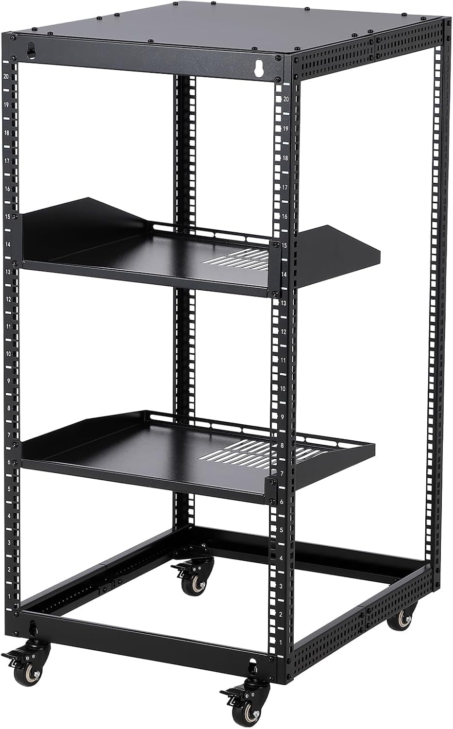 20U Open Frame Network Rack, 22"-40" Adjustable Depth, Wall Mount & Freestanding Server Rack with Lockable Casters + 2Pack 1U Shelves, Heavy Duty for IT AV Gear by PeacefulHues