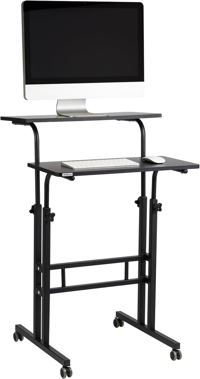Mind Reader Standing Desk, Adjustable Height Laptop Workstation, Portable Rolling Desk on Wheels, Two-Tier Metal Frame, Black - Image 5