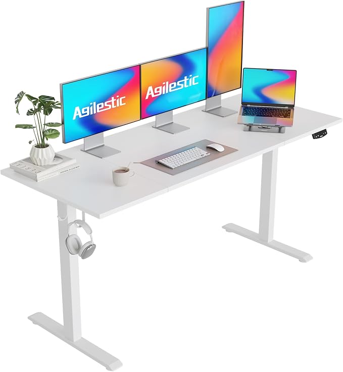Agilestic Electric Height Adjustable Standing Desk, 63 Inch, White | Smooth Height Adjustment, Memory Presets, Hooks, Stable Steel Frame,154 lbs Capacity, Easy Assembly, Splice Board by Agilestic