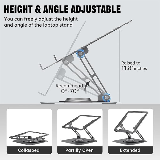 Laptop Stand for desk(360°Rotating),Aluminum laptop Riser for 10-16"Laptops | Adjustable Multi-Angle Ergonomic Computer Stand, Foldable Portable for Home Office, Fits MacBook Air Pro Dell HP Laptops - Image 4