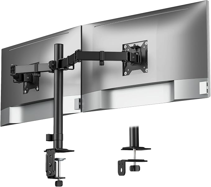 monTEK Heavy-Duty Dual Monitor Stand for 17-32", 22 lbs Each | Adjustable dual monitor mount, full-motion arms, clamp/grommet bases, cable management and VESA 75/100 by monTEK