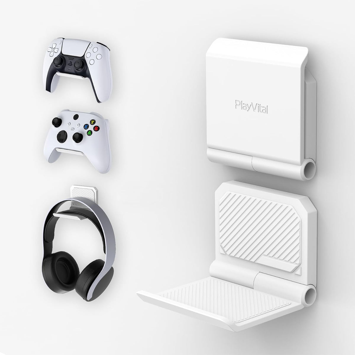 PlayVital FOLD Controller Holder Wall for ps5 ps4 Xbox Switch 2 Pro Headset, 2 Pack Universal Storage Organizer Gaming Controller Stand Headphone Mount - Foldable Anti-slip Adhesive Removable, White by playvital